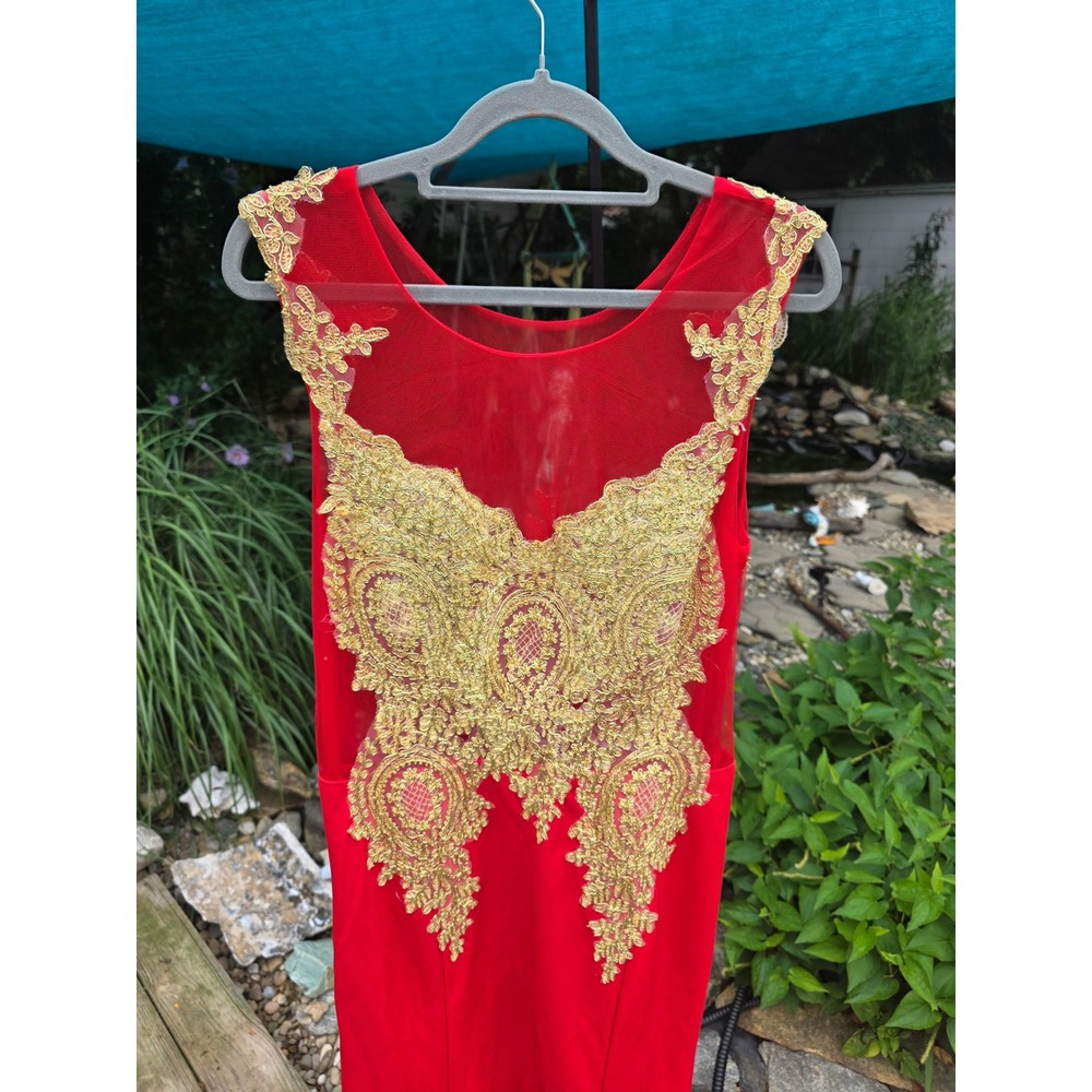 Grace Karin Red Gold Lace Embroidered Evening Gown Sleeveless Formal Prom Dress - Picture 2 of 10